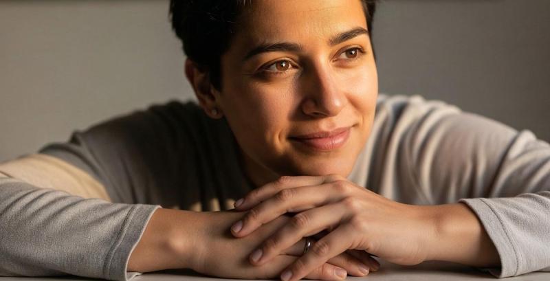 eine Frau schaut glücklich über eine Entscheidung